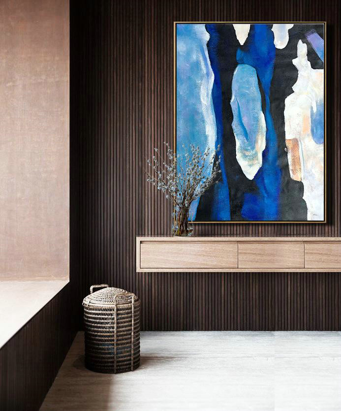 Hand Made Abstract Art,Hand Painted Large Vertical Contemporary Painting On Canvas,Abstract Painting Modern Art,Black,Blue,White,Yellow.etc